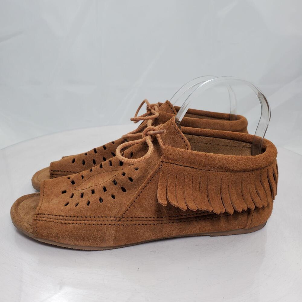 Minnetonka 6073 Fringe Moccasin Sandals Women 8/39 Brown Suede Peep toe Booties